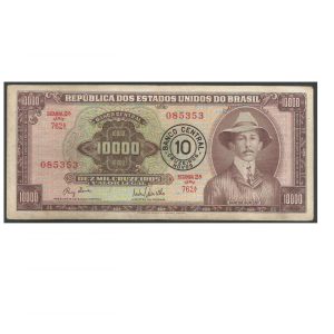 CÉDULA DO BRASIL 10 CRUZEIROS NOVOS CARIMBO C 127 MBC