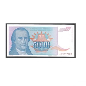 CÉDULA DA IUGOSLÁVIA 5.000 DINARAS SOB/FE