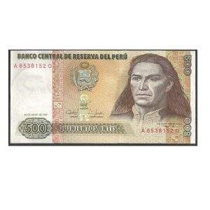 CÉDULA DO PERU 500 INTIS TUPAC AMARU II FE