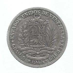 MOEDA DA VENEZUELA 1 BOLIVAR 1945 KM 22 A PRATA