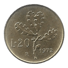 MOEDA DA ITÁLIA 20 LIRAS 1972 KM 97.2