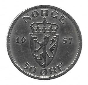 MOEDA DA NORUEGA 50 ORE 1957 KM 402