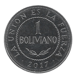 MOEDA DA BOLÍVIA 1 BOLIVIANO 2017 KM 217
