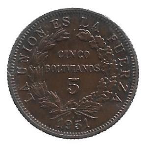 MOEDA DA BOLÍVIA 5 BOLIVIANOS 1951 KM 185
