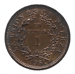 MOEDA DA BOLÍVIA 1 BOLIVIANO 1951 KM 184