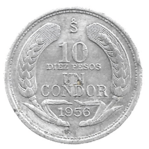 MOEDA DO CHILE 10 PESOS 1 CONDOR 1956 KM 181