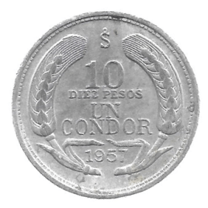 MOEDA DO CHILE 10 PESOS 1 CONDOR 1957 KM 181