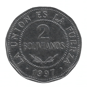 MOEDA DA BOLÍVIA 2 BOLIVIANOS 1997 KM 206.2