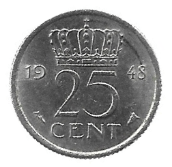 MOEDA DOS PAÍSES BAIXOS 25 CENTAVOS 1948 KM 178
