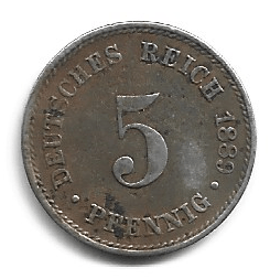 MOEDA DA ALEMANHA 5 PFENNIG 1889 J KM 3
