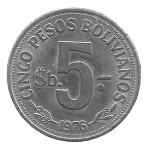 MOEDA DA BOLÍVIA 5 PESOS 1976 KM 197