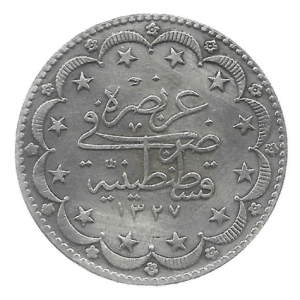 MOEDA DA TURQUIA / IMPÉRIO OTOMANO 20 KURUS 1909-1918 KM 780