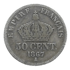 MOEDA DA FRANÇA 50 CENTAVOS 1867 KM 814.1 PRATA