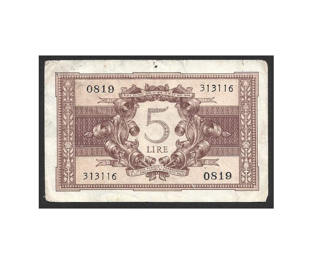 CÉDULA DA ITÁLIA 5 LIRA 1944 P 31 C MBC - Imagem 2