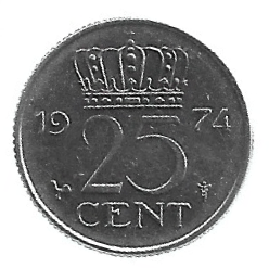 MOEDA DOS PAÍSES BAIXOS  25 CENTAVOS 1974 KM 183