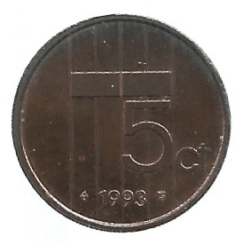 MOEDA DOS PAÍSES BAIXOS 5 CENTAVOS 1993 KM 202