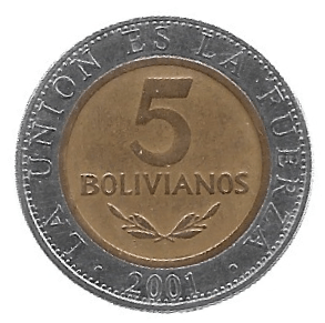 MOEDA DA BOLÍVIA 5 BOLIVIANOS 2001 KM 212