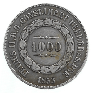 MOEDA DO BRASIL 1000 RÉIS 1853 P 601 SOB.