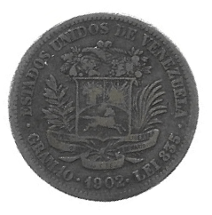 MOEDA DA VENEZUELA 2 BOLÍVARES 1902 KM 23 PRATA