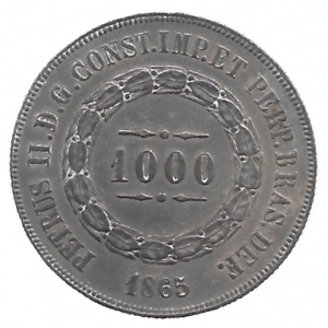 MOEDA DO BRASIL 1000 RÉIS 1865 P 613 SOB/FC