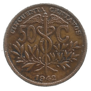MOEDA DA BOLÍVIA 50 CENTAVOS 1942 KM 182 A.1