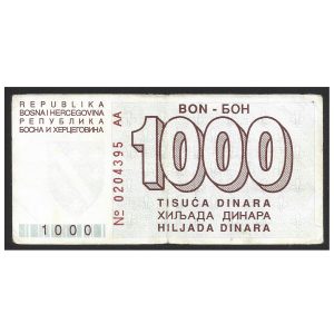 CÉDULA DA BÓSNIA HERZEGOVINA 1000 DINARA 1992 P 26 MBC
