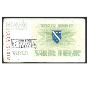CÉDULA DA BÓSNIA HERZEGOVINA 5000 DINARA 1993 P 16 B MBC