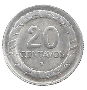 MOEDA DA COLÔMBIA 20 CENTAVOS 1947 KM 208.1 PRATA