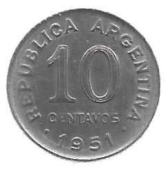 MOEDA DA ARGENTINA 10 CENTAVOS 1951 KM 47