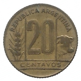 MOEDA DA ARGENTINA 20 CENTAVOS 1942 KM 42