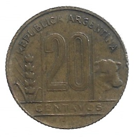 MOEDA DA ARGENTINA 20 CENTAVOS 1949 KM 42