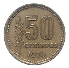 MOEDA DA ARGENTINA 50 CENTAVOS 1970 KM 68