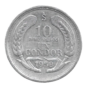 MOEDA DO CHILE 10 PESOS 1958 KM 181