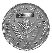 MOEDA DA ÁFRICA DO SUL 3 CENTAVOS 1942 PRATA