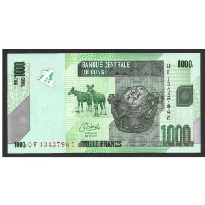 CÉDULA DO CONGO 1000 FRANCOS 2022 P 101 D FE