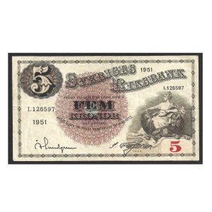 CÉDULA DA SUÉCIA 5 KRONOR 1951 SOBERBA