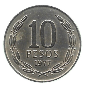 MOEDA DO CHILE 10 PESOS 1977 KM 210