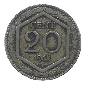 MOEDA DA ITÁLIA 20 CENTÉSIMOS 1918 R KM 58
