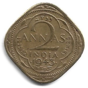MOEDA DA ÍNDIA 2 ANNAS 1943 KM 541 A