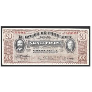 CÉDULA DO MÉXICO 20 PESOS CHIHUAHUA 1915 SOBERBA