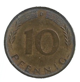 MOEDA DA ALEMANHA 10 PFENNIG 1971 D KM 108