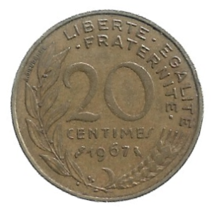 MOEDA DA FRANÇA 20 CENTAVOS 1967 KM 930