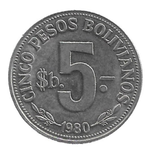 MOEDA DA BOLÍVIA 5 PESOS 1980 KM 197