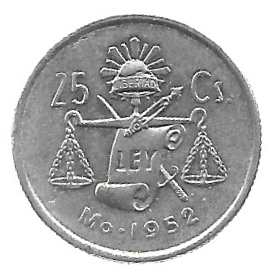 MOEDA DO MÉXICO 1952 25 CENTAVOS KM 443 PRATA