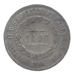 MOEDA DO BRASIL 1000 RÉIS 1859 P 607 SOB/FC