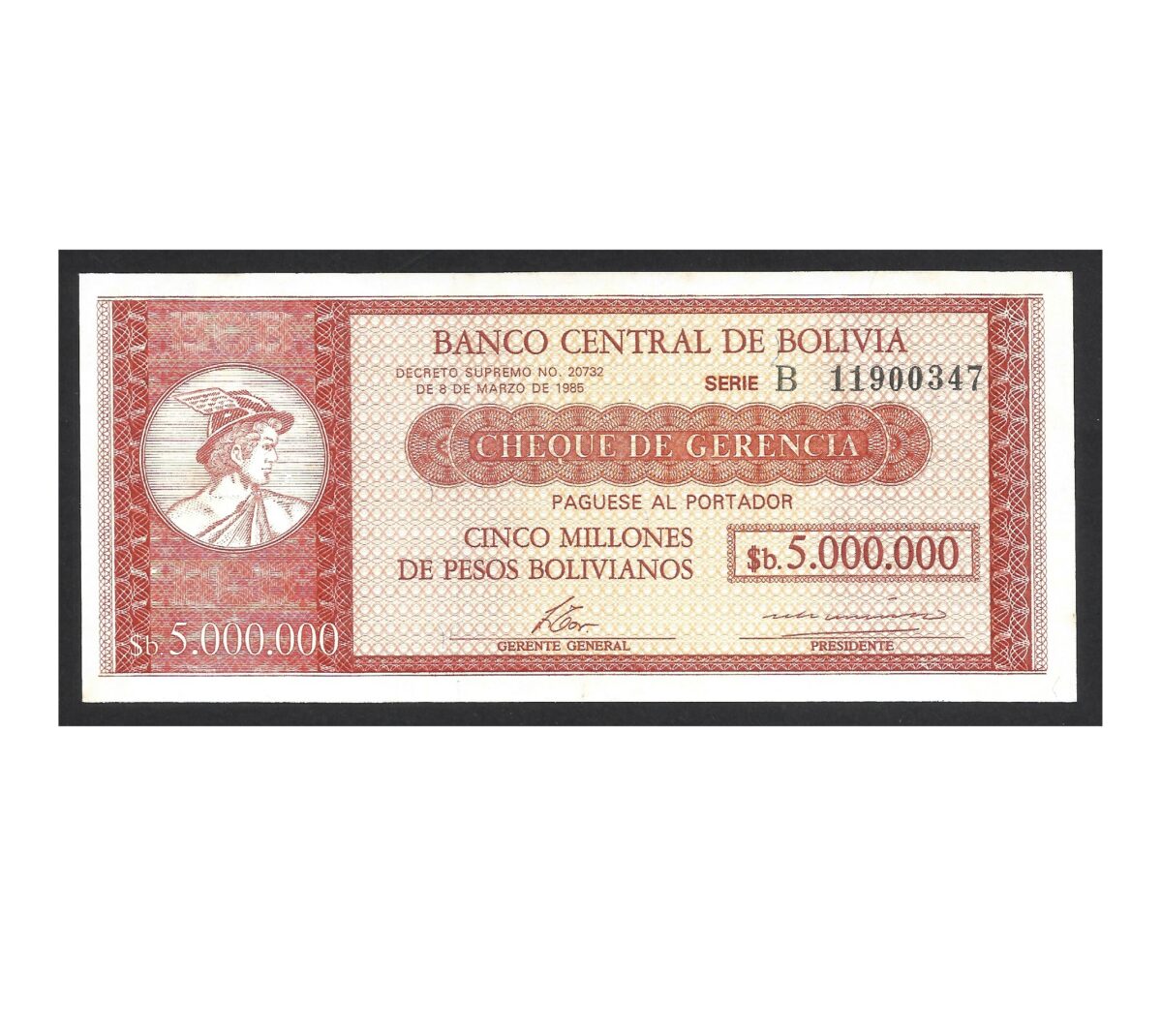 CÉDULA DA BOLÍVIA 5000000 PESOS BOLIVIANOS 1985 SOB/FE