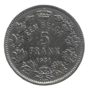 MOEDA DA BÉLGICA 5 FRANCOS 1931 KM 98