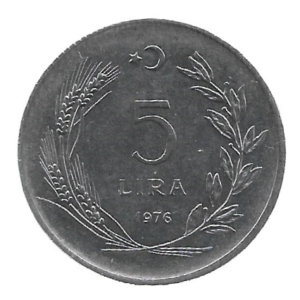 MOEDA DA TURQUIA 5 LIRAS 1976 KM 905