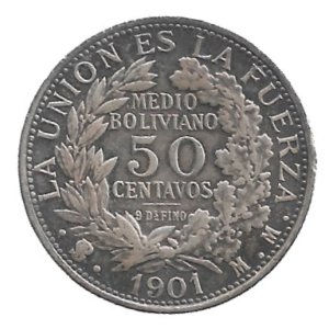 MOEDA DA BOLÍVIA 50 CENTAVOS 1901 KM 175.1 PRATA