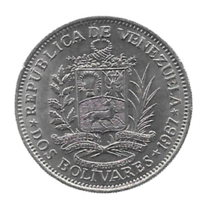 MOEDA DA VENEZUELA 2 BOLÍVARES 1967 KM 43